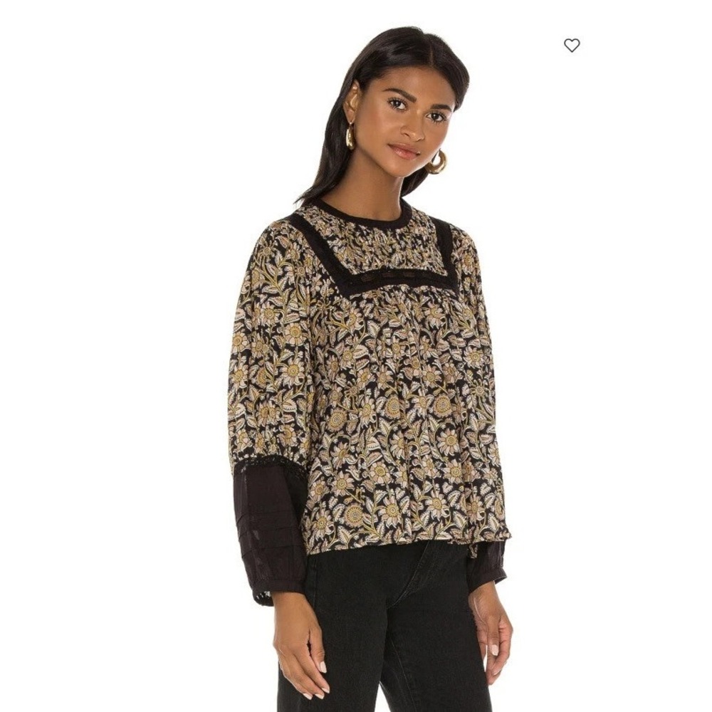 Cleobella‎ Floral Block Print Blouse Womens Large Black Boho Pintuck Lace Top